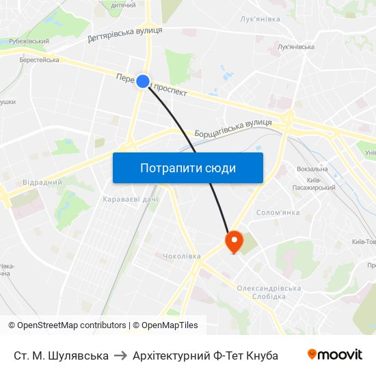 Ст. М. Шулявська to Архітектурний Ф-Тет Кнуба map