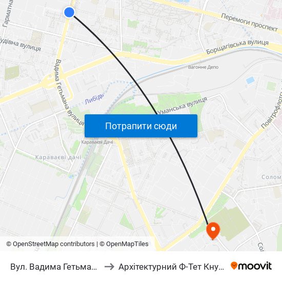 Вул. Вадима Гетьмана to Архітектурний Ф-Тет Кнуба map