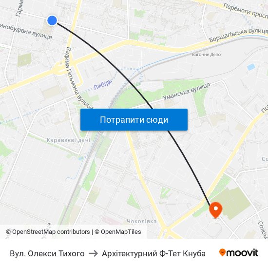 Вул. Олекси Тихого to Архітектурний Ф-Тет Кнуба map