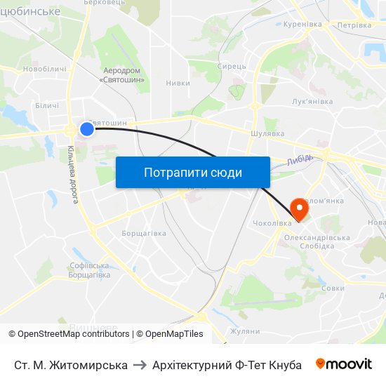 Ст. М. Житомирська to Архітектурний Ф-Тет Кнуба map