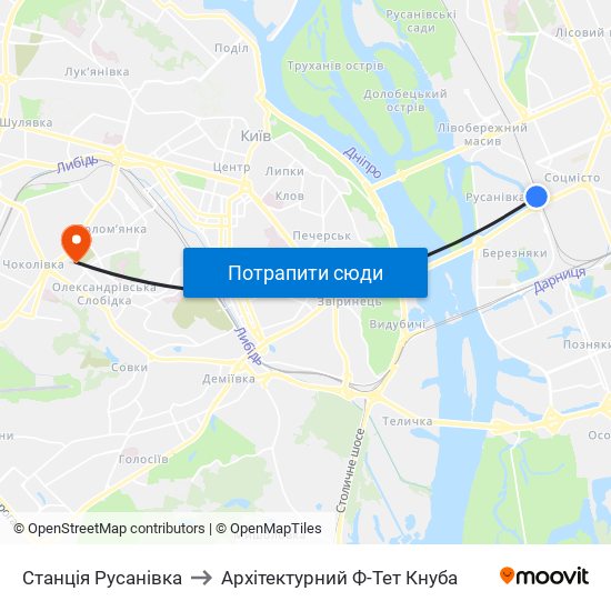 Станція Русанівка to Архітектурний Ф-Тет Кнуба map