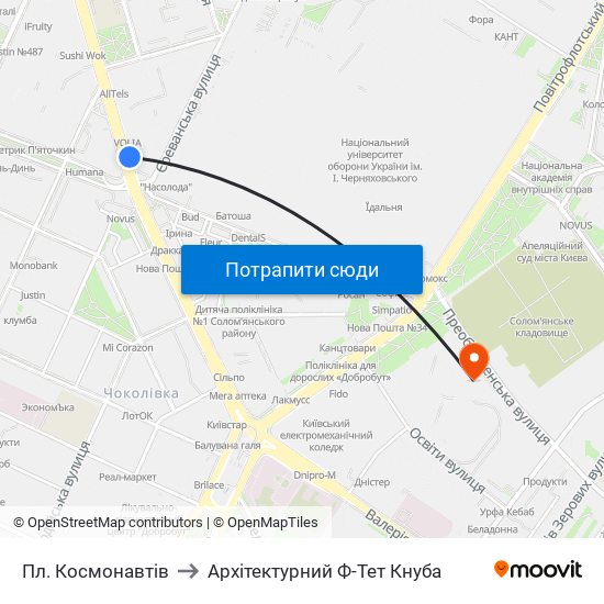 Пл. Космонавтів to Архітектурний Ф-Тет Кнуба map