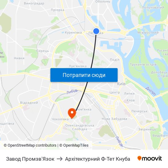 Завод Промзв'Язок to Архітектурний Ф-Тет Кнуба map