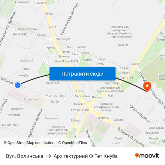 Вул. Волинська to Архітектурний Ф-Тет Кнуба map