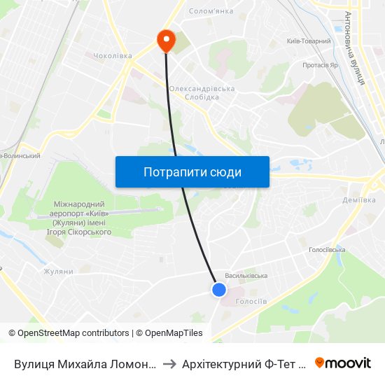 Вулиця Михайла Ломоносова to Архітектурний Ф-Тет Кнуба map
