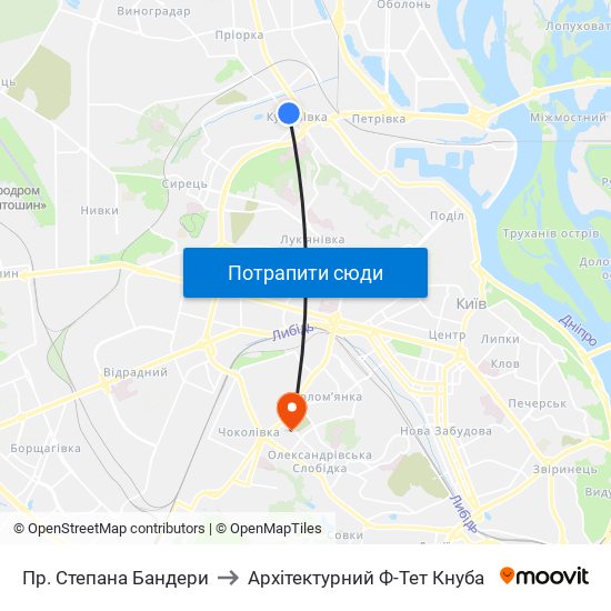 Пр. Степана Бандери to Архітектурний Ф-Тет Кнуба map