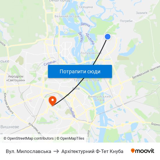 Вул. Милославська to Архітектурний Ф-Тет Кнуба map