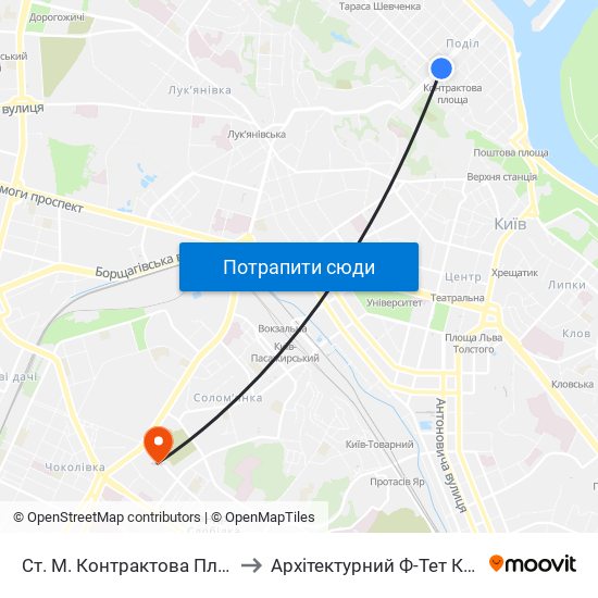 Ст. М. Контрактова Площа to Архітектурний Ф-Тет Кнуба map