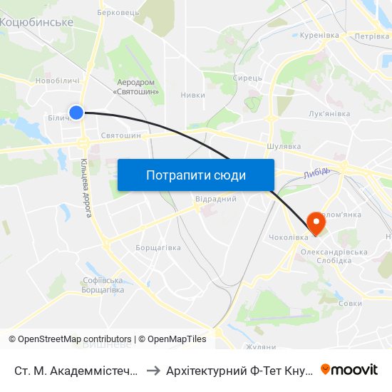 Ст. М. Академмістечко to Архітектурний Ф-Тет Кнуба map