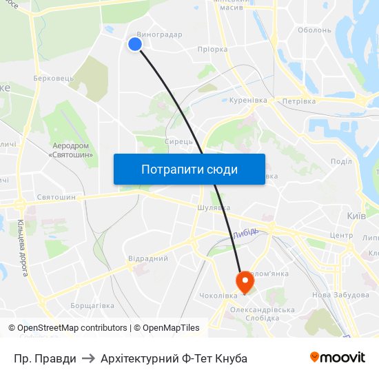 Пр. Правди to Архітектурний Ф-Тет Кнуба map