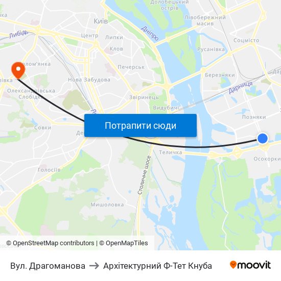 Вул. Драгоманова to Архітектурний Ф-Тет Кнуба map