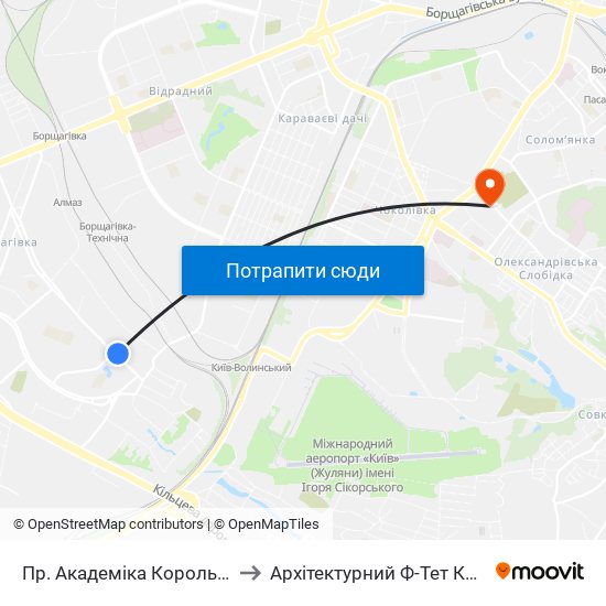 Пр. Академіка Корольова to Архітектурний Ф-Тет Кнуба map