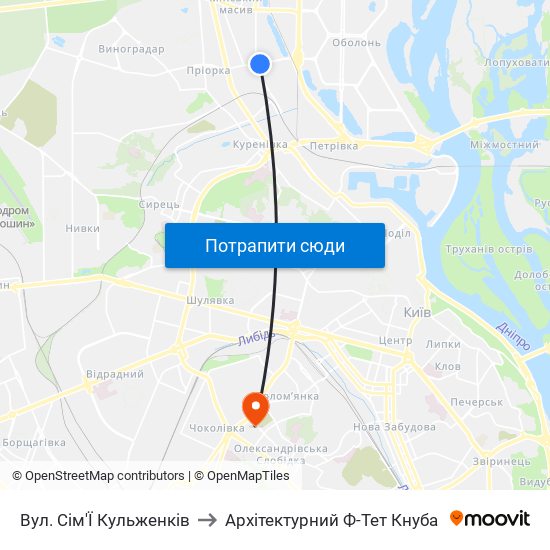Вул. Сім'Ї Кульженків to Архітектурний Ф-Тет Кнуба map
