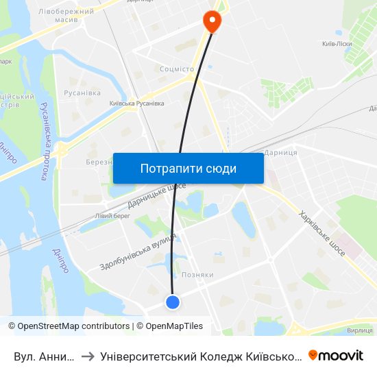 Вул. Анни Ахматової to Університетський Коледж Київського Університету Ім. Б. Грінченка map