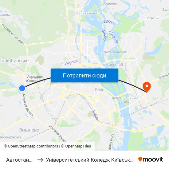 Автостанція ""Дачна"" to Університетський Коледж Київського Університету Ім. Б. Грінченка map