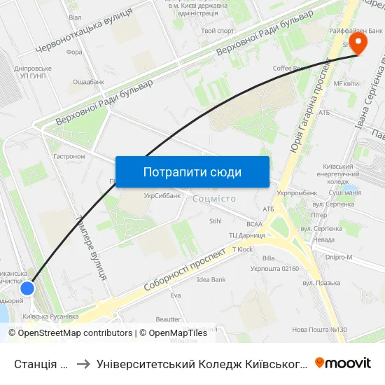 Станція Русанівка to Університетський Коледж Київського Університету Ім. Б. Грінченка map