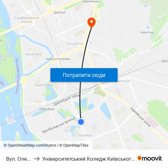 Вул. Олени Пчілки to Університетський Коледж Київського Університету Ім. Б. Грінченка map