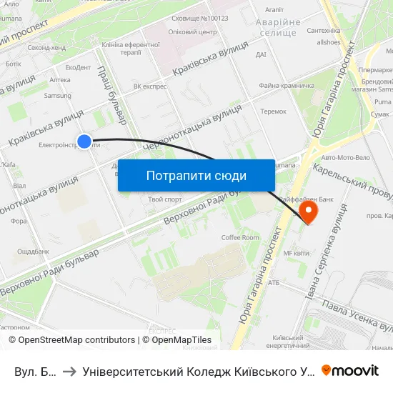 Вул. Бажова to Університетський Коледж Київського Університету Ім. Б. Грінченка map