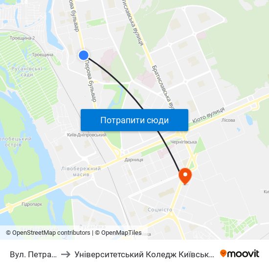 Вул. Петра Запорожця to Університетський Коледж Київського Університету Ім. Б. Грінченка map