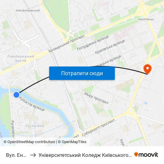 Вул. Ентузіастів to Університетський Коледж Київського Університету Ім. Б. Грінченка map