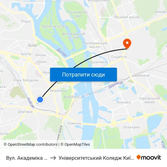 Вул. Академіка Філатова (На Вимогу) to Університетський Коледж Київського Університету Ім. Б. Грінченка map
