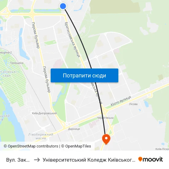 Вул. Закревського to Університетський Коледж Київського Університету Ім. Б. Грінченка map