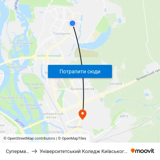 Супермаркет Billa to Університетський Коледж Київського Університету Ім. Б. Грінченка map