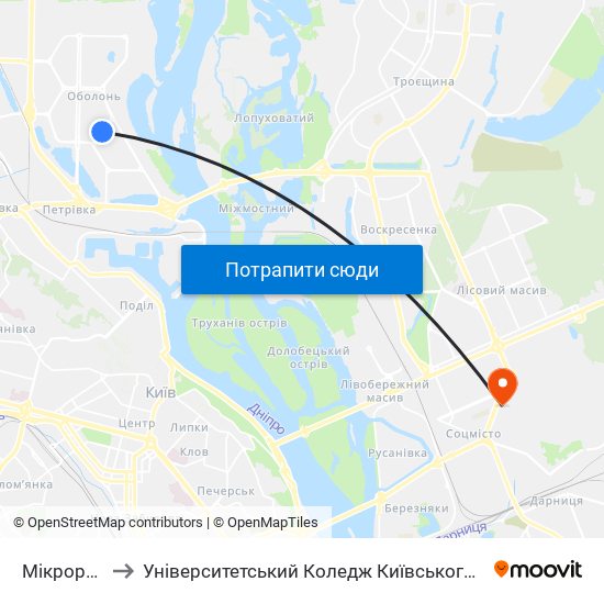 Мікрорайон №3 to Університетський Коледж Київського Університету Ім. Б. Грінченка map