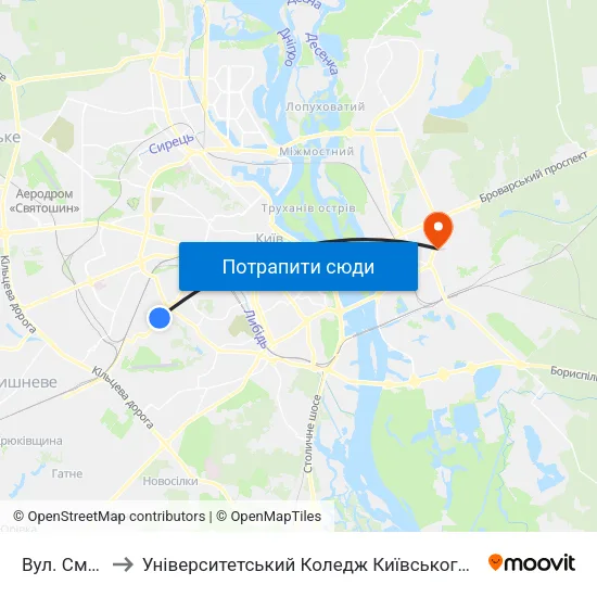 Вул. Смілянська to Університетський Коледж Київського Університету Ім. Б. Грінченка map