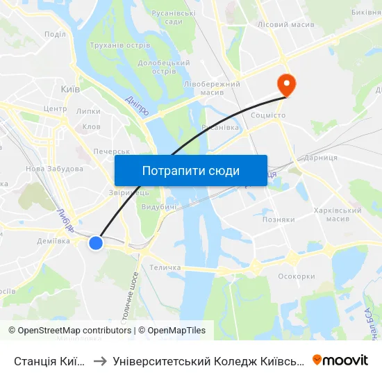 Станція Київ-Деміївський to Університетський Коледж Київського Університету Ім. Б. Грінченка map