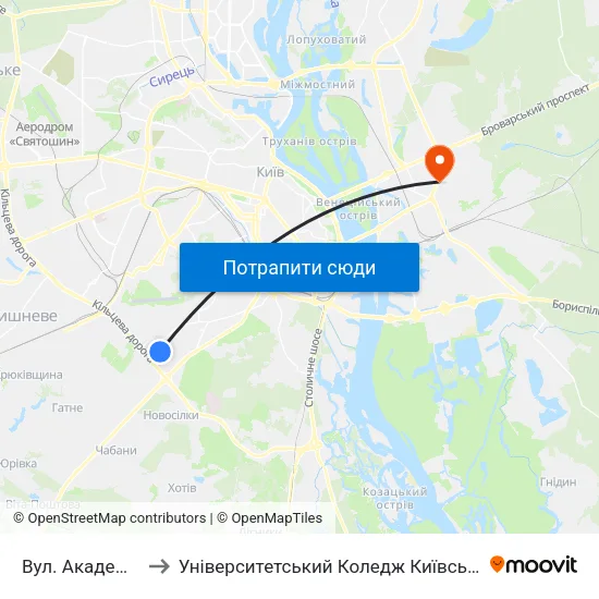 Вул. Академіка Костичева to Університетський Коледж Київського Університету Ім. Б. Грінченка map