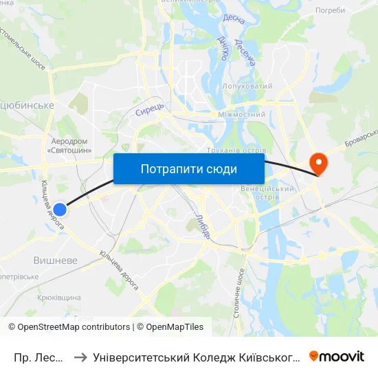 Пр. Леся Курбаса to Університетський Коледж Київського Університету Ім. Б. Грінченка map