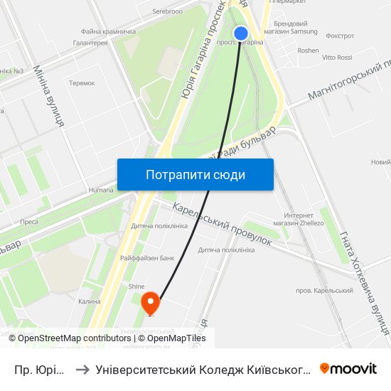 Пр. Юрія Гагаріна to Університетський Коледж Київського Університету Ім. Б. Грінченка map