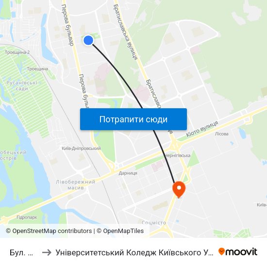 Бул. Перова to Університетський Коледж Київського Університету Ім. Б. Грінченка map