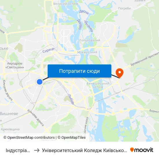 Індустріальний Міст to Університетський Коледж Київського Університету Ім. Б. Грінченка map