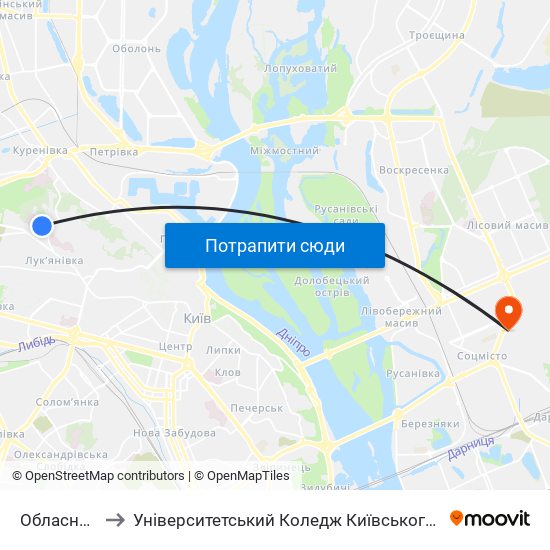 Обласна Лікарня to Університетський Коледж Київського Університету Ім. Б. Грінченка map