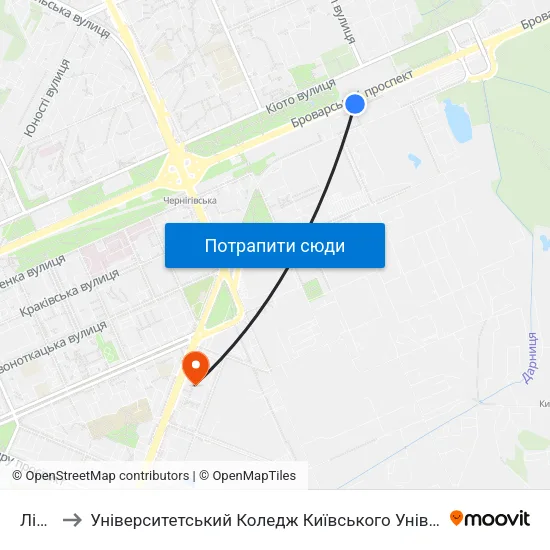 Лісова to Університетський Коледж Київського Університету Ім. Б. Грінченка map