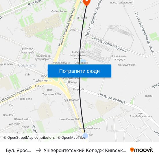 Бул. Ярослава Гашека to Університетський Коледж Київського Університету Ім. Б. Грінченка map