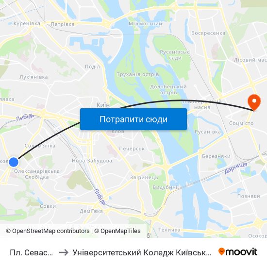 Пл. Севастопольська to Університетський Коледж Київського Університету Ім. Б. Грінченка map