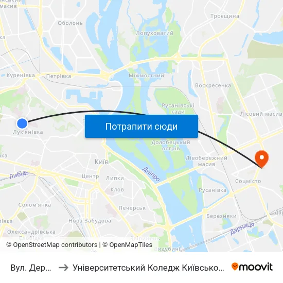 Вул. Деревлянська to Університетський Коледж Київського Університету Ім. Б. Грінченка map