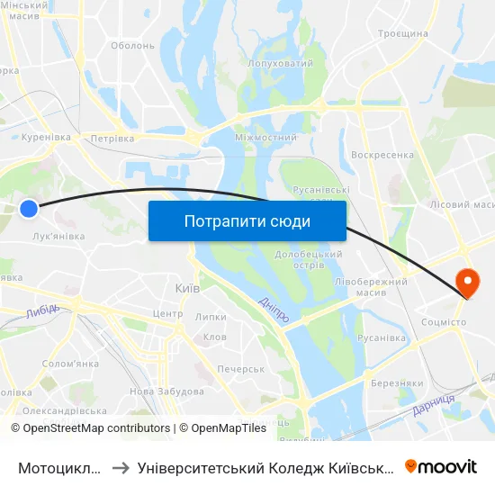 Мотоциклетний Завод to Університетський Коледж Київського Університету Ім. Б. Грінченка map