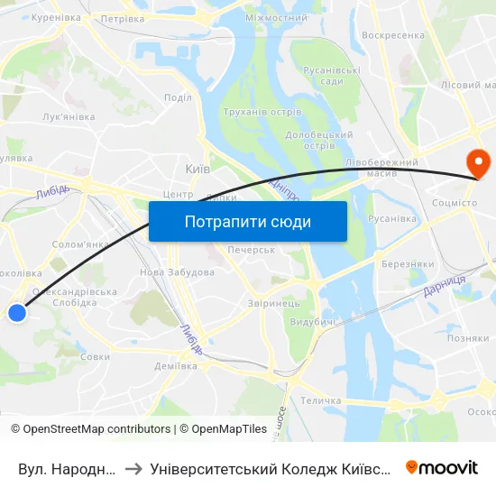 Вул. Народного Ополчення to Університетський Коледж Київського Університету Ім. Б. Грінченка map
