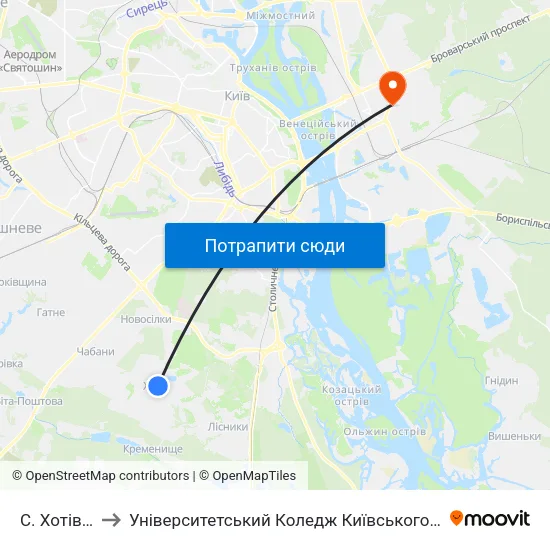 С. Хотів (Центр) to Університетський Коледж Київського Університету Ім. Б. Грінченка map