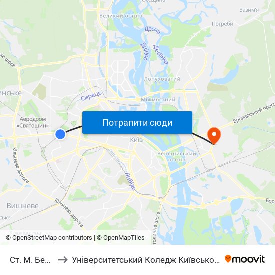 Ст. М. Берестейська to Університетський Коледж Київського Університету Ім. Б. Грінченка map