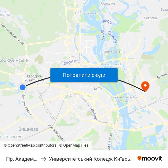 Пр. Академіка Палладіна to Університетський Коледж Київського Університету Ім. Б. Грінченка map