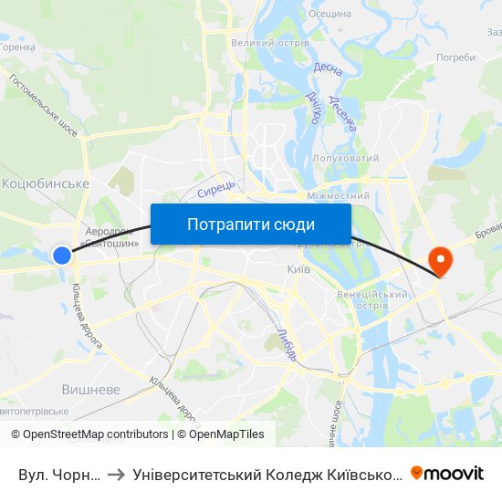 Вул. Чорнобильська to Університетський Коледж Київського Університету Ім. Б. Грінченка map