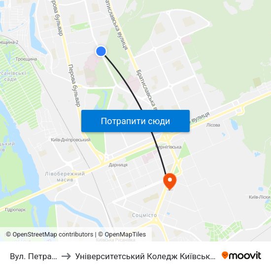 Вул. Петра Запорожця to Університетський Коледж Київського Університету Ім. Б. Грінченка map