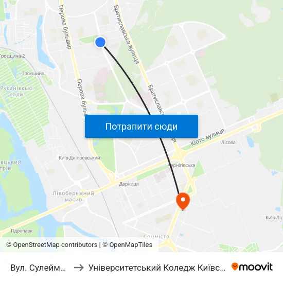 Вул. Сулеймана Стальського to Університетський Коледж Київського Університету Ім. Б. Грінченка map