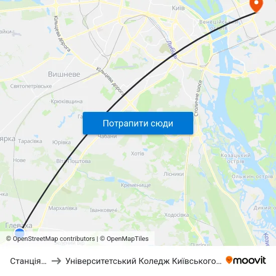 Станція Глеваха to Університетський Коледж Київського Університету Ім. Б. Грінченка map