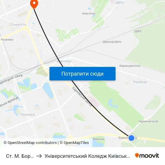 Ст. М. Бориспільська to Університетський Коледж Київського Університету Ім. Б. Грінченка map